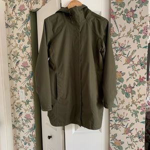 MEC Olive rain jacket. Hip length with hood.